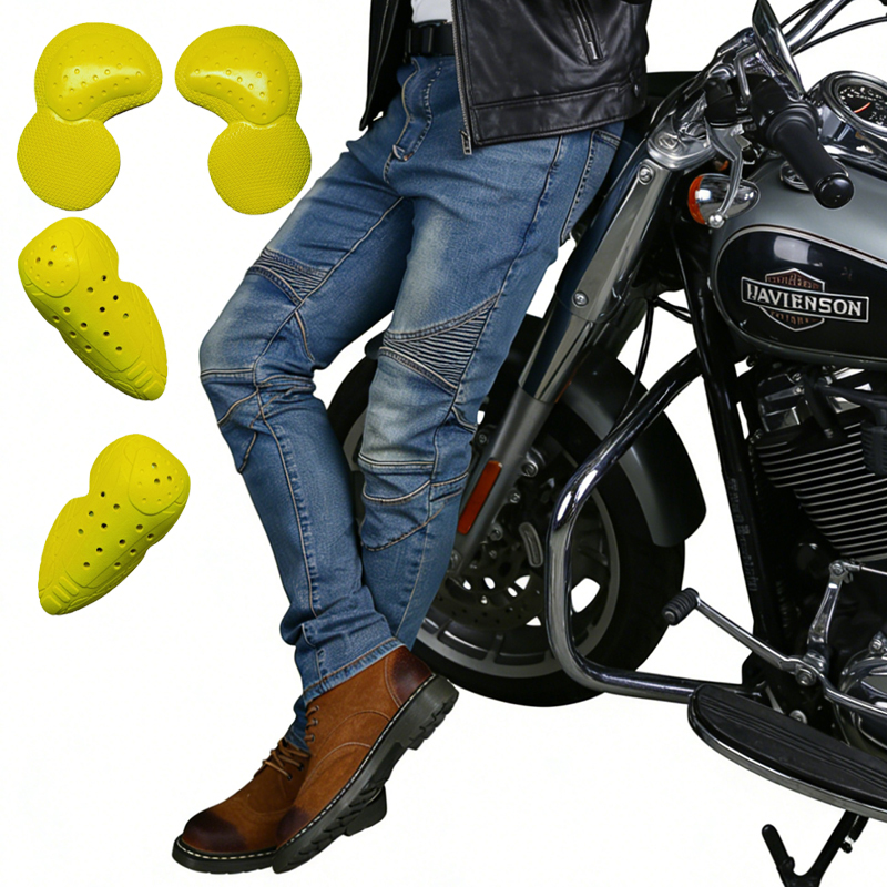 Motorcycle Wearing Gear - กางเกงยีนส์สำหรับขี่มอเตอร์ไซค์ผู้ชาย สีน้ำเงิน กางเกงสำหรับขี่มอเตอร์ไซค์วิบาก กางเกงขี่รถออฟโรด ทนทานต่อการสึกหรอ อุปกรณ์ป้องกันสำหรับขี่มอเตอร์ไซค์